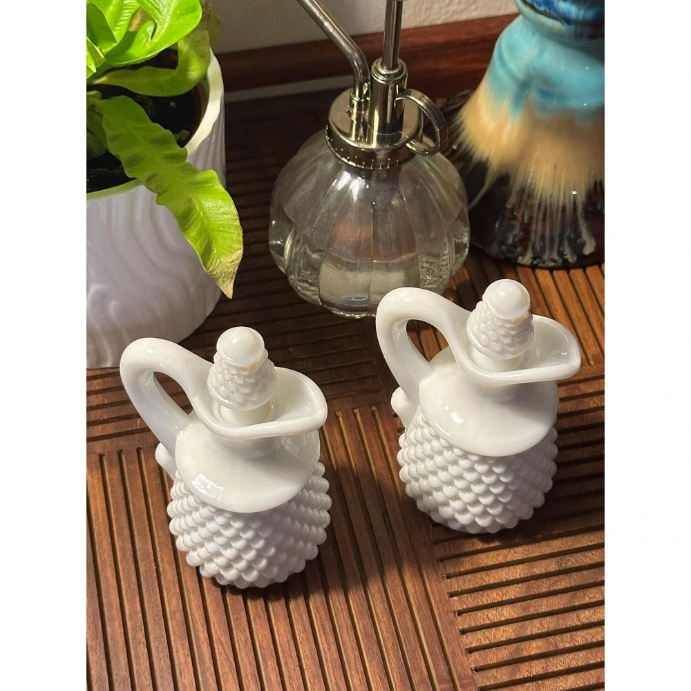 Vintage Fenton Milk Glass Hobnail Cruet Set-Oil Vinegar Bottles with Stoppers